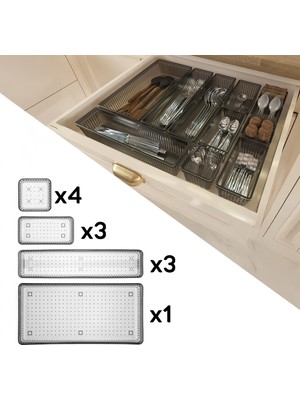 11 Parça Modüler Kaşıklık Seti - Ayarlanabilir Mutfak Çekmece Içi Düzenleyici Organizer Antrasit