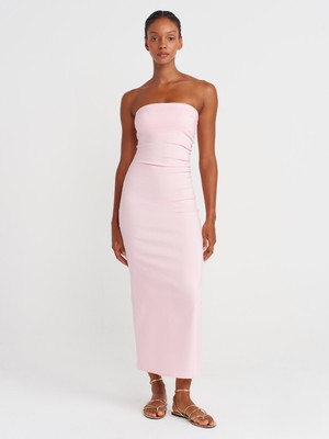 91368 Straplez Midi Elbise-Toz Pembe