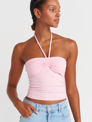 31959 Boyundan Bağlamalı Straplez Top-Toz Pembe