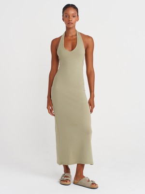 91476 Halter Yaka Midi Elbise-Çağla