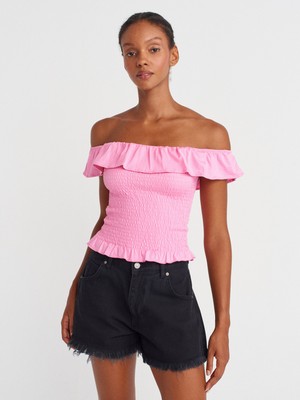 31902 Omuzları Açık Fırfırlı Top-Pembe