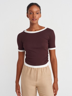 31942 Çift Katlı Büzgülü T-Shirt-Kahve
