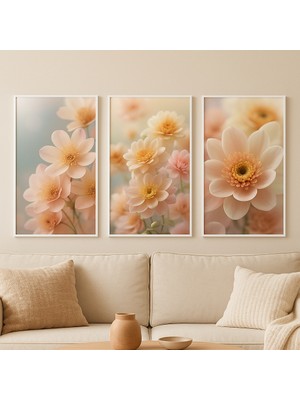Pastel Çiçek Desenli 3'lü Mdf Duvar Tablosu Seti – Uv Baskılı Modern Dekor – 3 mm Ahşap