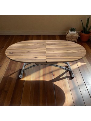 Ortadan Açılır Oval Akıllı Masa Mdf Tabla Krom Kaplama Ayaklı