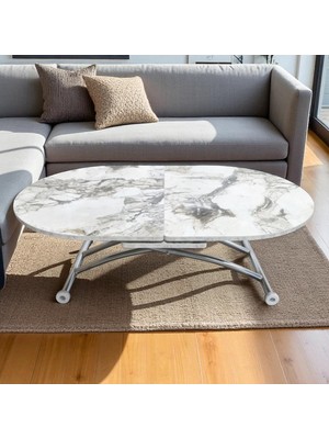 Ortadan Açılır Oval Akıllı Masa Mdf Tabla Krom Kaplama Ayaklı