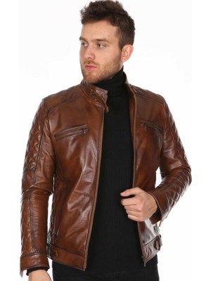 Hakiki Deri Kahverengi Neymar Omuz Kol Işlemeli Erkek Deri Ceket