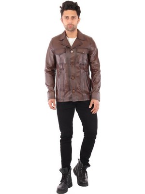 Hakiki Deri Kahverengi Parker Düğmeli Erkek Deri Ceket