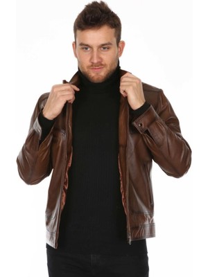 Hakiki Deri Kahverengi Spor Dik Yaka Erkek Deri Ceket