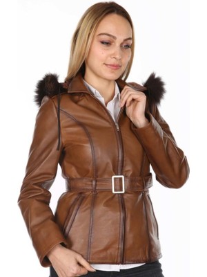 Hakiki Deri Kahverengi Tokalı Kürklü Kadın Ceket