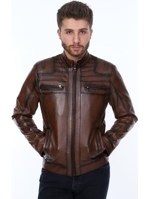 Hakiki Deri Kahverengi Tomris Fermuarlı Erkek Deri Ceket