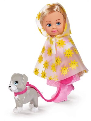 Evi Love Yağmur Yürüyüşü Kız Çocuk Model Bebek 12 cm Sarı Güneş Desenli Yağmurluk ve Köpek