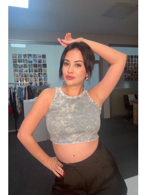 Lefon Yıkamalı Halter Yaka Crop Atlet  - Mavi Mavi - 36