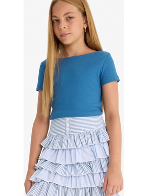 DeFacto Kız Çocuk Fitted Kayık Yaka Ribana Kısa Kollu Tişört F7003A825AU