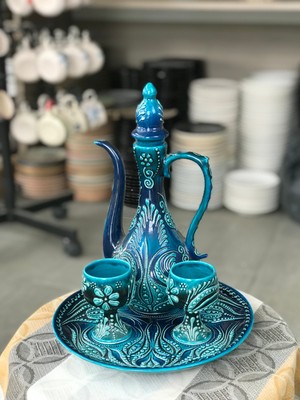 El Yapımı Seramik Ibrik Takımı – Çini Desenli 4 Parça Dekoratif Set (Turkuaz & Lacivert)