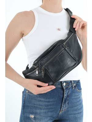 Siyah Hakiki Deri Çok Cepli Unisex Bel ve Omuz Çantası
