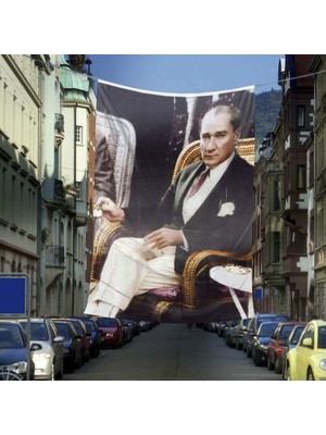 Asilmeydan Takım Elbiseli Sivil Mustafa Kemal Atatürk Dış Cephe Poster Bayrağı - 6 x 9 Metre