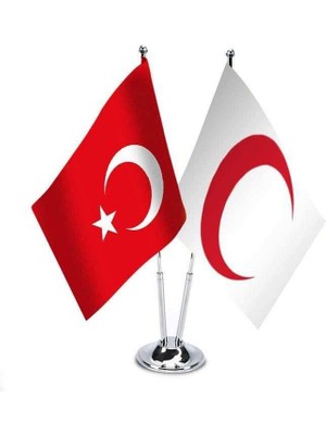 Asilmeydan Kızılay ve Türkiye İkili Paslanmaz Metal Krom Direkli Saten Masa Bayrağı