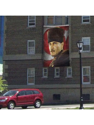 Asilmeydan Mavi Gözlü Kalpaklı Gazi Mustafa Kemal Atatürk - Ay Yıldızlı Poster Cephe Bayrak - 300X450CM