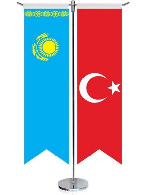 Asilmeydan Kazakistan Cumhuriyeti Bayrağı ve Türkiye Kırlangıç Saten T Direk Masa Bayrağı 2'li