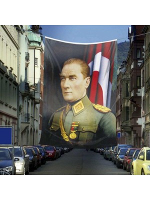 Asilmeydan Üniformalı Gazi Mustafa Kemal Atatürk - Ay Yıldız Dış Cephe Poster Bayrak -600X900 cm