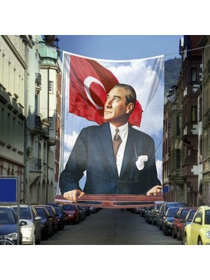 Asilmeydan Ay Yıldızlı Sivil Mustafa Kemal Atatürk - Portre Cephe Poster Bayrak-Okul - Kutlama - Anı -6x9 Metre