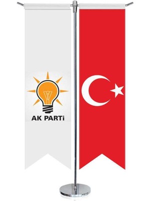 Asilmeydan Beyaz Akparti Akp Bayrağı ve Türkiye Kırlangıç Saten T Direk Masa Bayrağı 2'li
