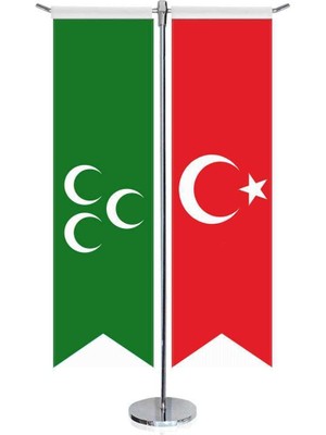 Asilmeydan Yeşil Üç Hilal ve Türkiye Kırlangıç Saten T Direk Masa Bayrağı 2'li