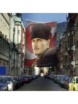 Asilmeydan Mavi Gözlü Kalpaklı Gazi Mustafa Kemal Atatürk -Ay Yıldız Türk Bayrağı Cephe Poster Bayrak-4x6 Metre