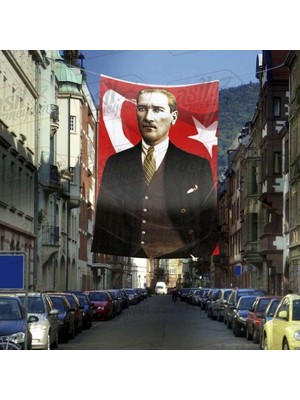Asilmeydan Takım Elbiseli Sivil Gazi Mustafa Kemal Atatürk -Ay Yıldız - Portre Cephe Poster Bayrak-4x6 Metre