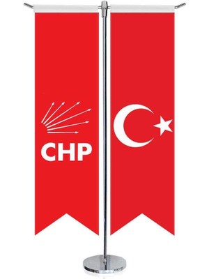 Asilmeydan Kırmızı Cumhuriyet Halk Partisi Chp Bayrağı ve Türkiye Kırlangıç Saten T Direk Masa Bayrağı 2'li