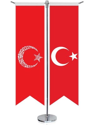 Asilmeydan Kelime I Tehvid Kırmızı Ayyıldız Bayrağı ve Türkiye Kırlangıç Saten T Direk Masa Bayrağı 2'li