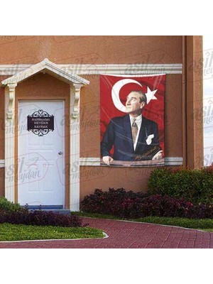 Asilmeydan Göğe Bakan Gazi Mustafa Kemal Atatürk İmzalı Portre - Sivil Türk Bayrağı Poster - Bayrak 100x150 cm
