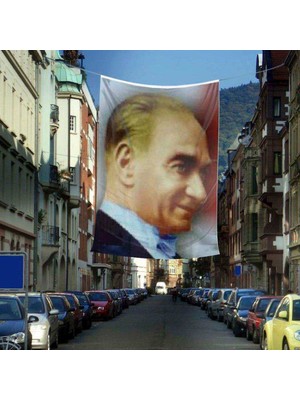 Asilmeydan Gülümseyen Mustafa Kemal Atatürk Yan Portre Poster Cephe Bayrağı - 4x6 Metre