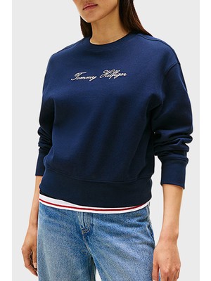 Tommy Hilfiger Pamuklu Regular Fit Bisiklet Yaka Logolu Sweat Bayan Sweat WW0WW47159 C1G