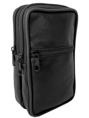 Deri Kemer Çantası, 3 Bölmeli, Dikey, Siyah, Şık ve Fonksiyonel Tasarım