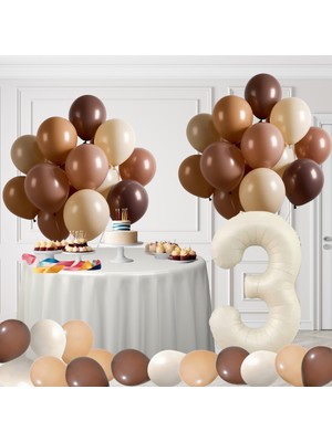 3 Yaş Retro Kahve Bej Ten Rengi Doğum Günü Seti Bej Folyo Rakam