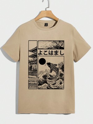 Erkek Bej Bisiklet Yaka Önü Japan Efekt Baskı Detaylı T-Shirt