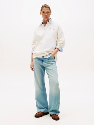 Tommy Hilfiger Kadın Yazı Baskılı Pike Rugby Beyaz Sweatshirt WW0WW45779YA8