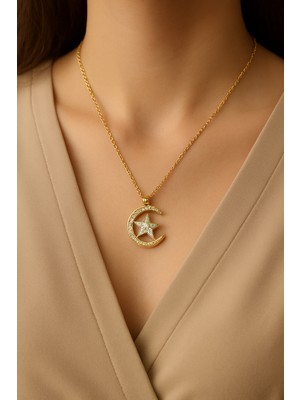 “altın Ay Yıldız Kolye – Işıltılı Zirkon Taşlı Hilal Tasarım”