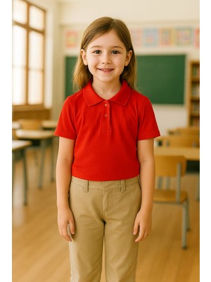 Kırmızı Okul T-Shirt , Kısa Kollu Polo Yaka Kız Erkek Çocuk 23 Nisan , Okuma Bayramı Tişört