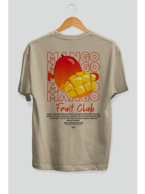 Mango Arka Baskılı Bej Oversize T-Shirt Erkek Kadın Pamuk Bisiklet Yaka Tişort