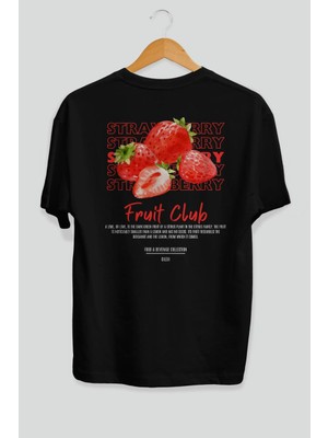Strawberry Arka Baskılı Siyah Oversize T-Shirt Erkek Kadın Pamuk Bisiklet Yaka Tişort