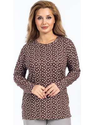 Kadın Yüksek Kalite Yuvarlak Yaka Çiçek Desenli Orta Yaş Anne Penye Bluz 6541