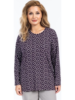 Kadın Yüksek Kalite Yuvarlak Yaka Çiçek Desenli Orta Yaş Anne Penye Bluz 6541