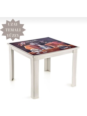 Uzay Temalı Beyaz Çocuk Çalışma Masası | 50X50X40 cm – Oyun, Aktivite ve Eğitim Masası