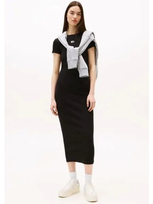 Tommy Jeans Kadın Armalı Fitilli Midi Siyah Elbise DW0DW20873BDS