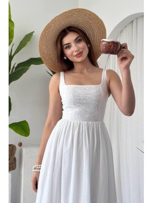 Beyaz Keten Dokuma Yazlık Elbise – Kare Yaka, A Kesim, Bohem Stil | Günlük ve Tatil 658