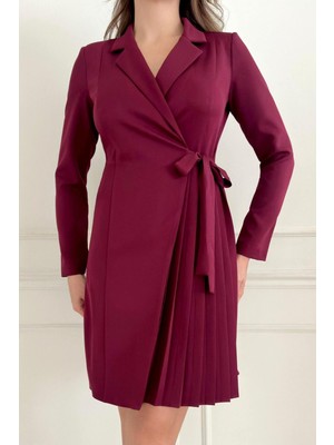 Ceket Yaka Kuşak Detaylı Eteği Piliseli Rahat Kesim Kadın Abiye Elbise 034