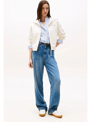 Tommy Hilfiger Kadın Yazı Baskılı Pike Fermuarlı Kapüşonlu Beyaz Sweatshirt WW0WW45742YA8