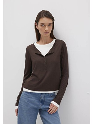 Mavi Yün Karışımlı Çift Katlı Kahverengi Uzun Kollu Tişört 1613400-88067